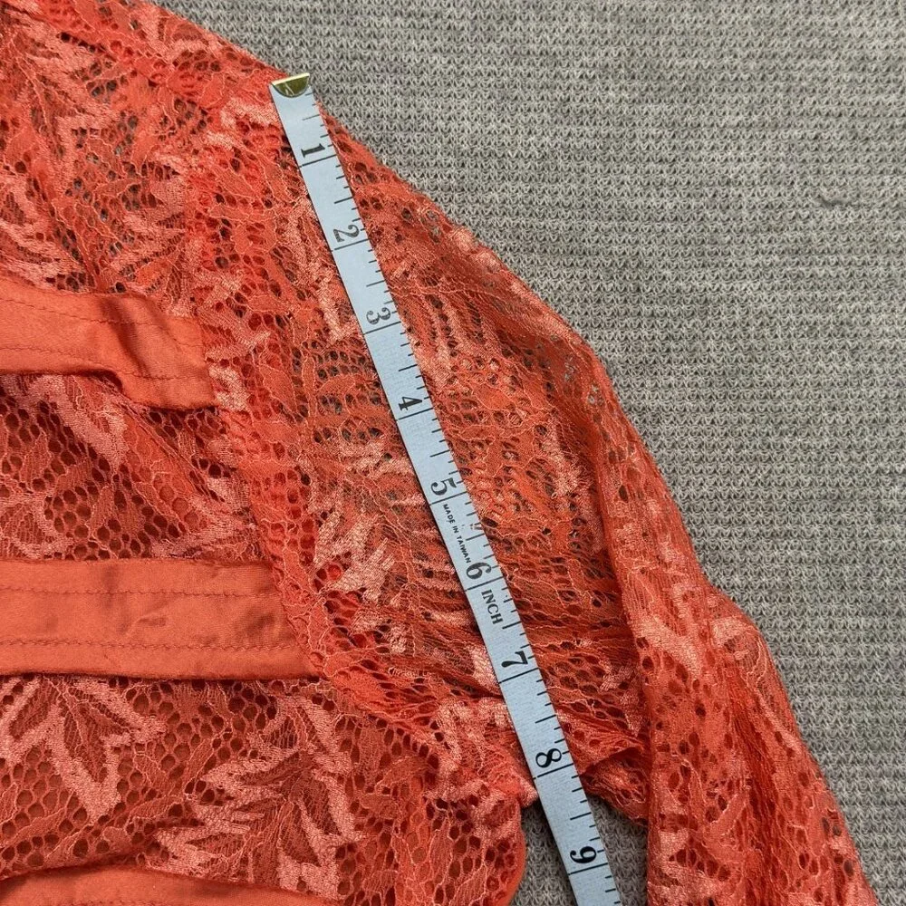 BKE Boutique Sheer Blouse Womens Sz Medium Stripe Lace Long Sleeve Coral Orange - Picture 14 of 15